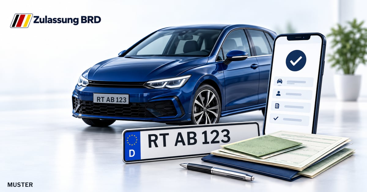 Online Fahrzeugzulassung in Landkreis Reutlingen: Musterkennzeichen RT AB 123, Auto und Fahrzeugpapiere und Smartphone. Illustration mit Logo von Zulassung BRD.